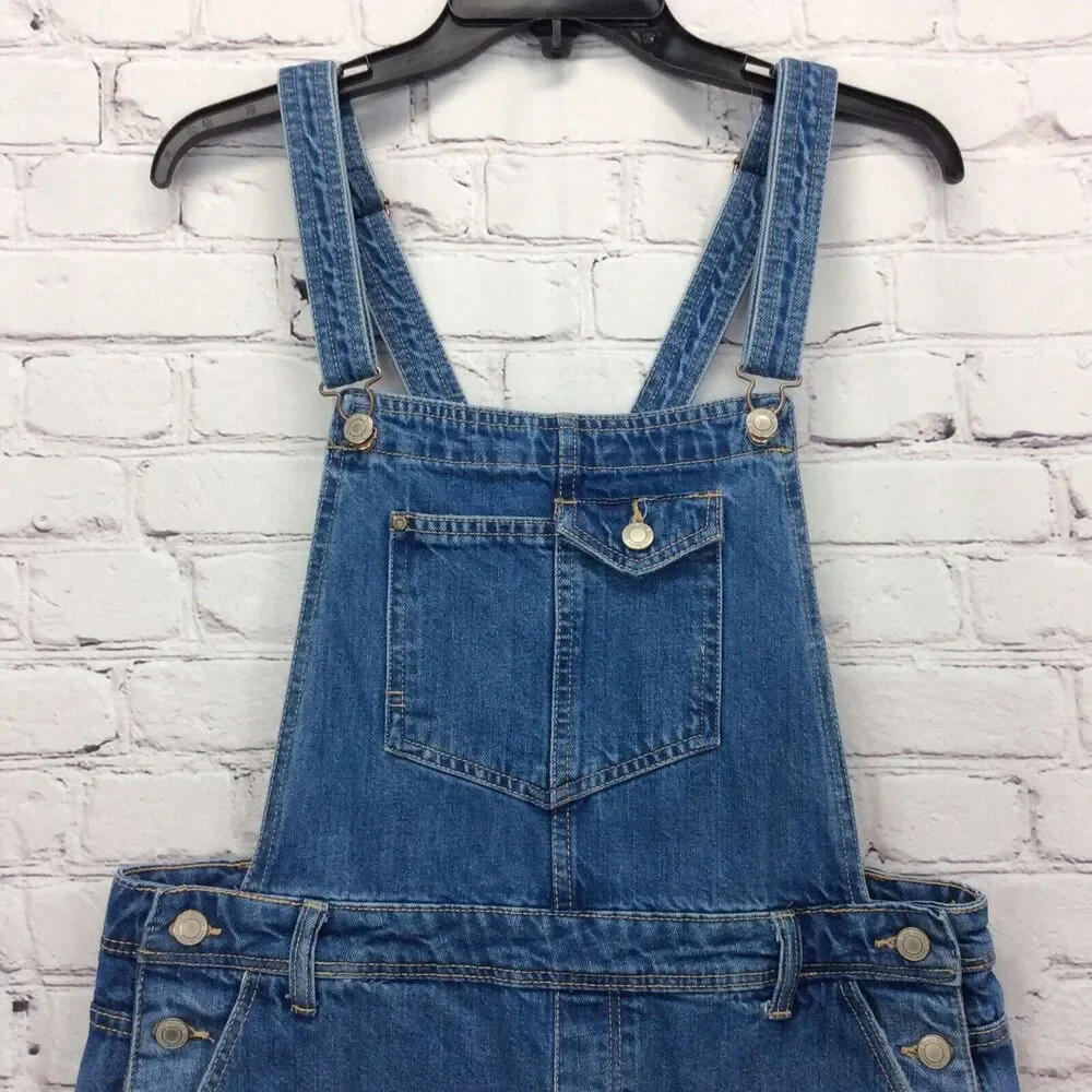 Bershka Denim Bib Shortalls Women's Size L Blue Distressed Cuffed Boho Festival